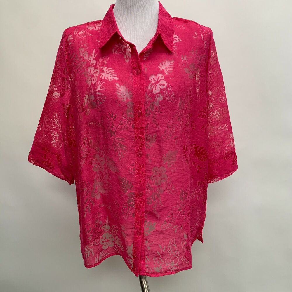 Salon Studio Women's Top Large‎ Pink Sheer Floral